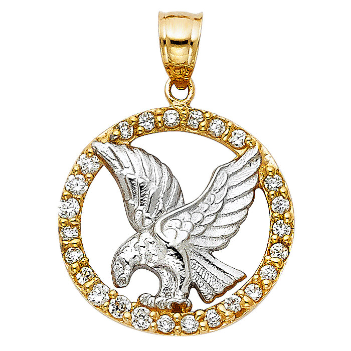 14K Two-tone Gold with White CZ Accented Eagle Charm Pendant  (20mm x 20mm)