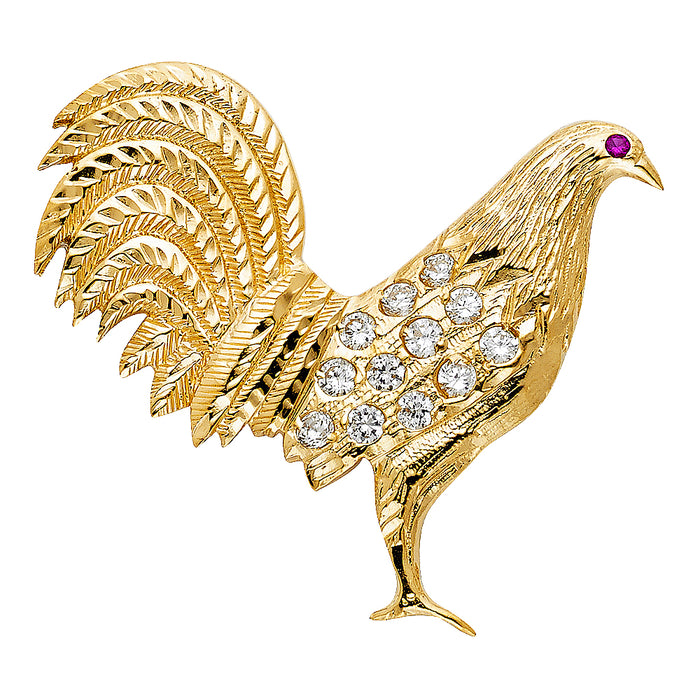 14k Yellow Gold Large CZ Rooster Charm Pendant  (47mm x 52mm)