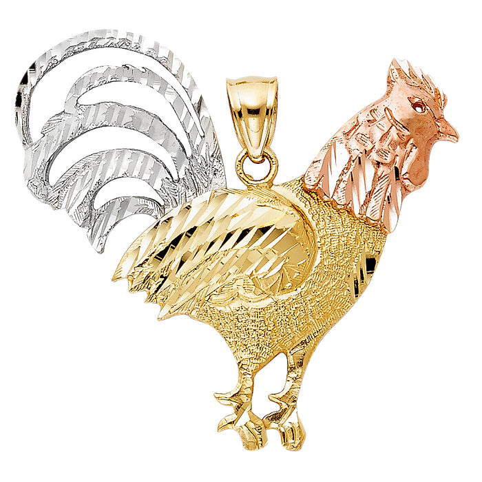 14K Tri-Color Gold Large Rooster Charm Pendant  (37mm x 39mm)