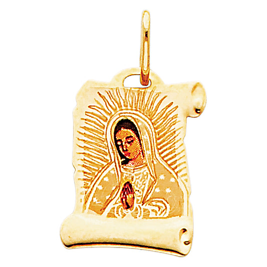 14k Yellow Gold Small/Mini Religious Virgen De Guadalupe Picture Pendant (16mm x 13mm)