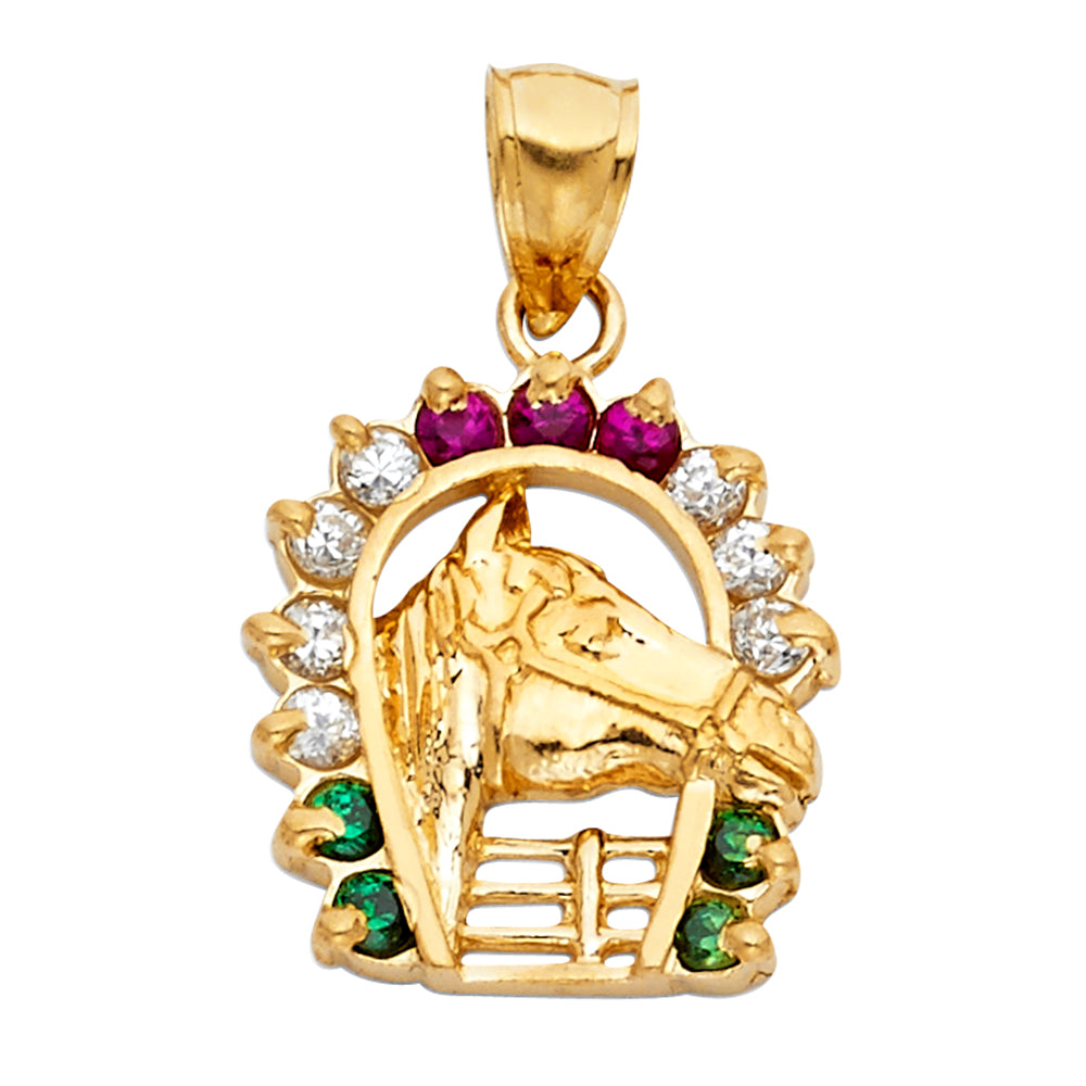 14k Yellow Gold with White CZ Accented Lucky Horseshoe Charm Pendant  (19mm x 17mm)