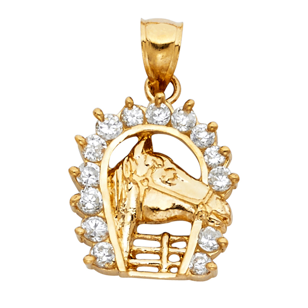 14k Yellow Gold with White CZ Accented Lucky Horseshoe Charm Pendant  (19mm x 17mm)