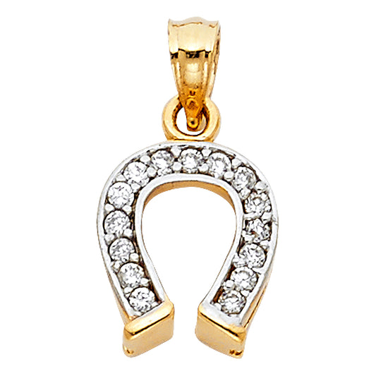 14k Yellow Gold with White CZ Accented Small/Mini Lucky Horseshoe Charm Pendant  (12mm x 10mm)