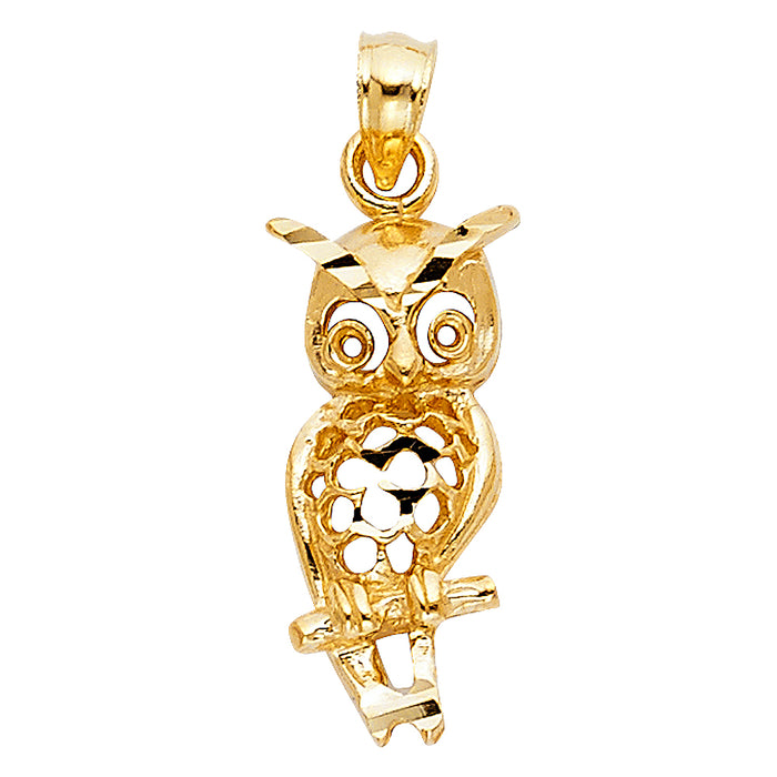 14k Yellow Gold Owl Charm Pendant  (20mm x 9mm)