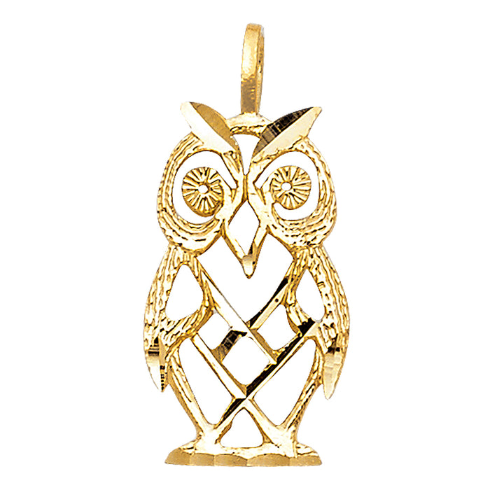 14k Yellow Gold Small/Mini Owl Charm Pendant  (19mm x 11mm)