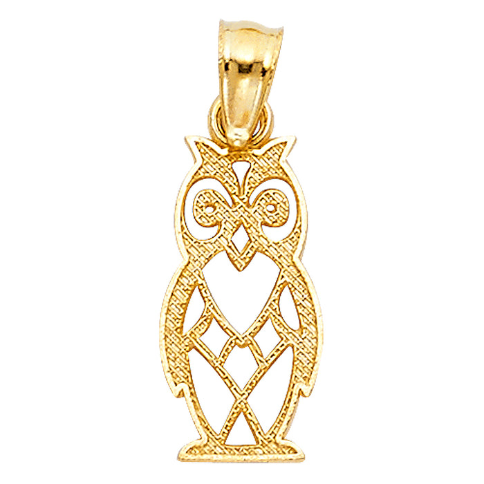 14k Yellow Gold Small/Mini Owl Charm Pendant  (15mm x 7mm)