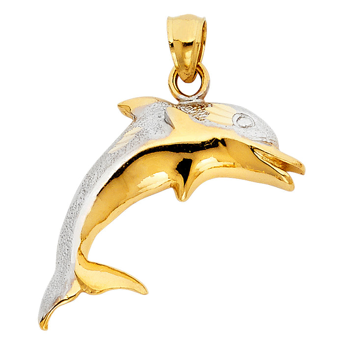 14K Two-tone Gold Dolphin Charm Pendant  (22mm x 27mm)