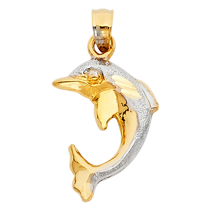 14K Two-tone Gold Small/Mini Dolphin Charm Pendant  (20mm x 15mm)