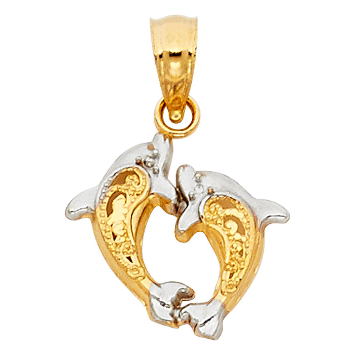 14K Two-tone Gold Small/Mini Dolphin Charm Pendant  (12mm x 14mm)