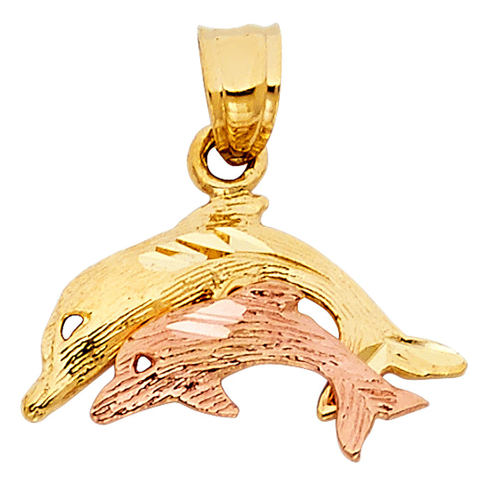 14K Two-tone Gold Dolphin Charm Pendant  (13mm x 21mm)
