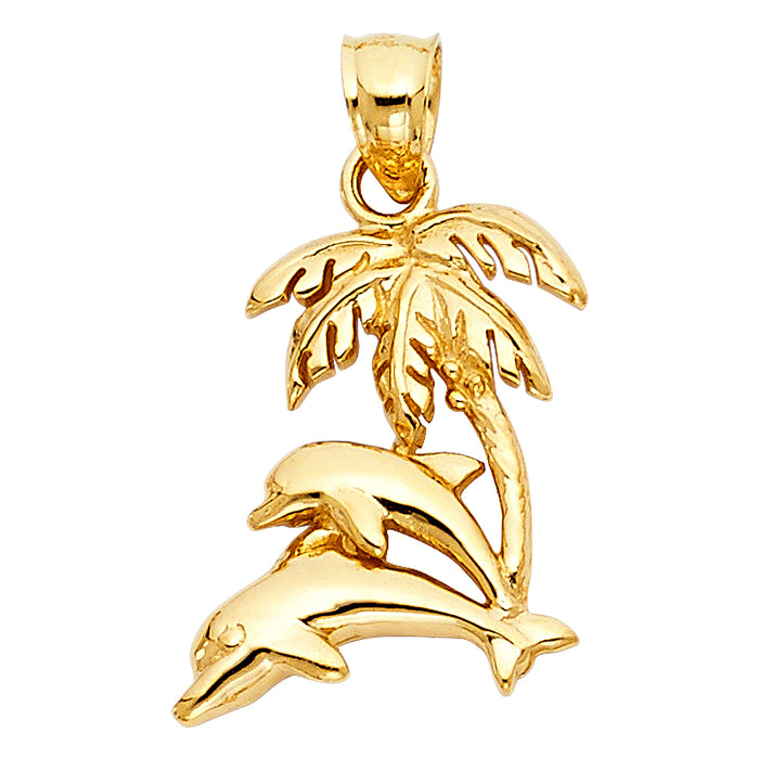 14k Yellow Gold Dolphin with Palm Tree Charm Pendant  (20mm x 17mm)