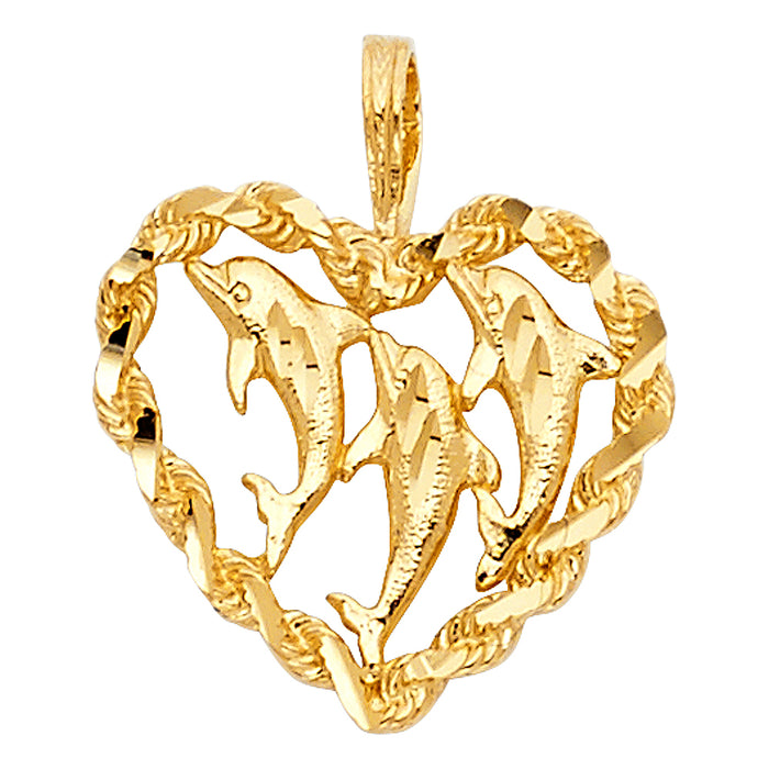 14k Yellow Gold Small/Mini Heart with Dolphin Charm Pendant  (16mm x 17mm)