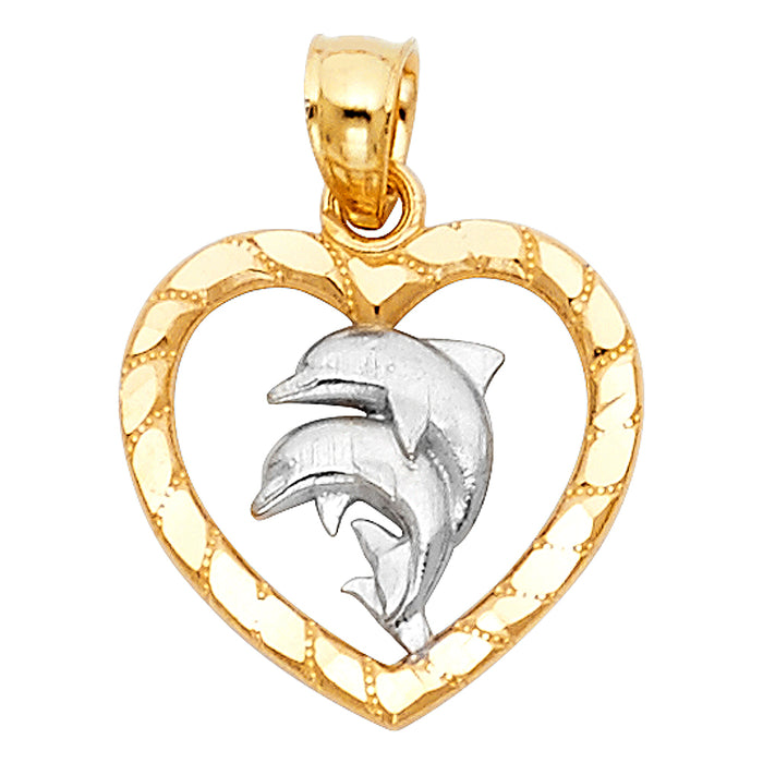 14K Two-tone Gold Small/Mini Heart with Dolphin Charm Pendant  (15mm x 16mm)