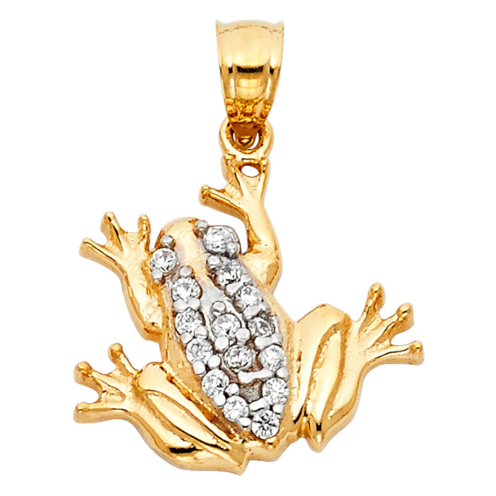 14k Yellow Gold with White CZ Accented Frog Charm Pendant  (18mm x 20mm)