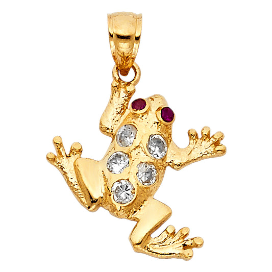 14k Yellow Gold with White CZ Accented Frog Charm Pendant  (20mm x 20mm)