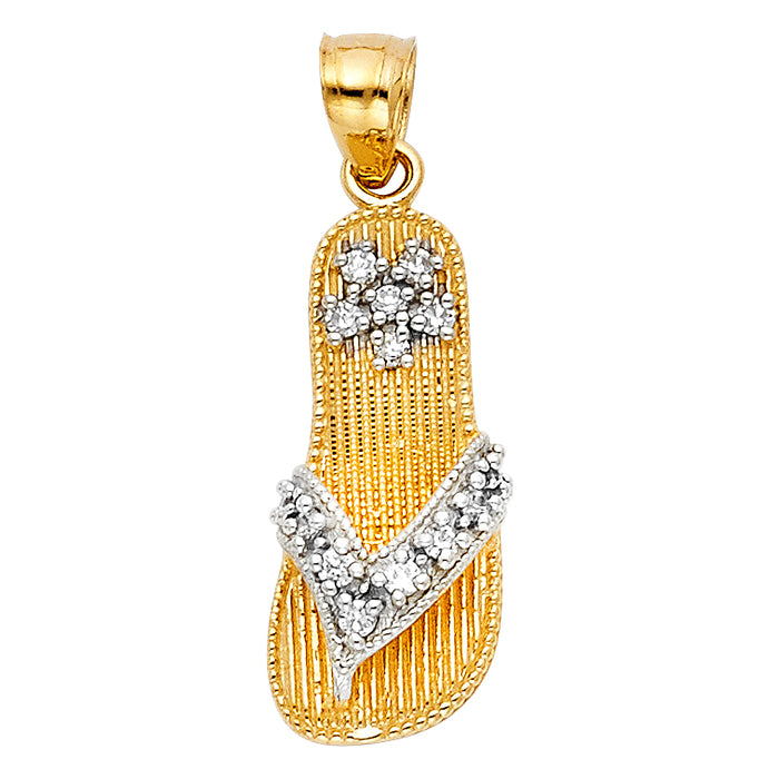 14K Two-tone Gold with White CZ Accented Sandal Charm Pendant  (22mm x 10mm)