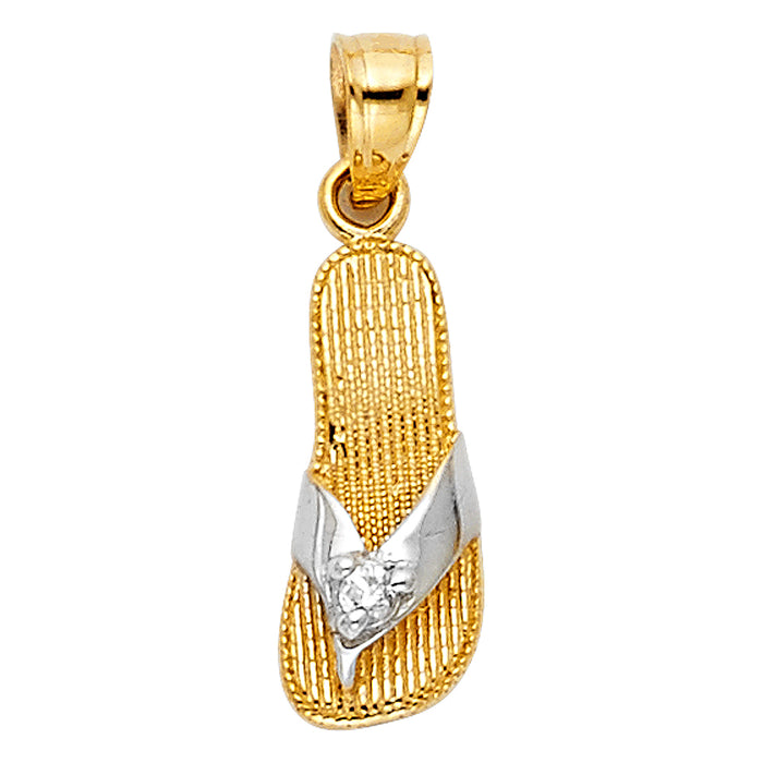 14K Two-tone Gold with White CZ Accented Small/Mini Sandal Charm Pendant  (15mm x 6mm)