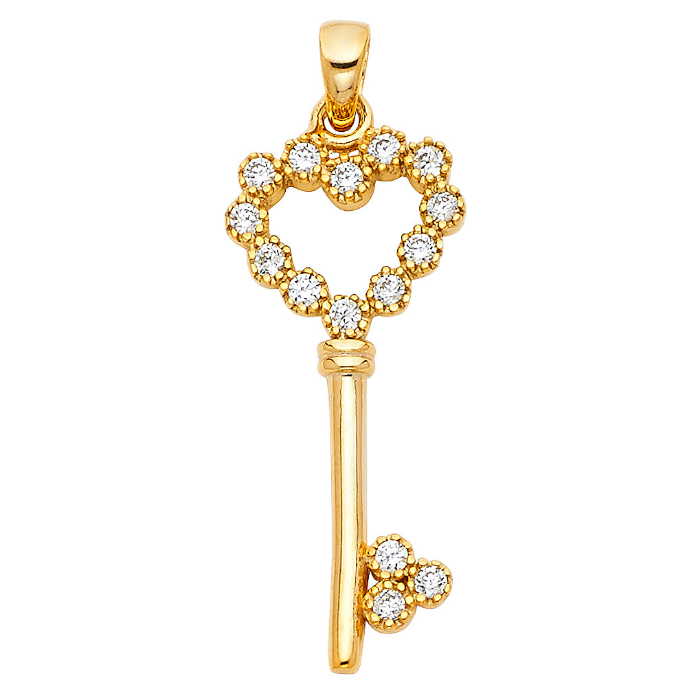 14k Yellow Gold with White CZ Accented Small/Mini Heart Design Key Charm Pendant  (25mm x 11mm)