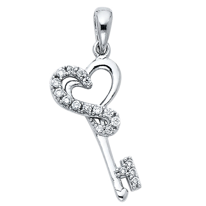 14k White Gold with White CZ Accented Small/Mini Heart Design Key Charm Pendant  (20mm x 10mm)