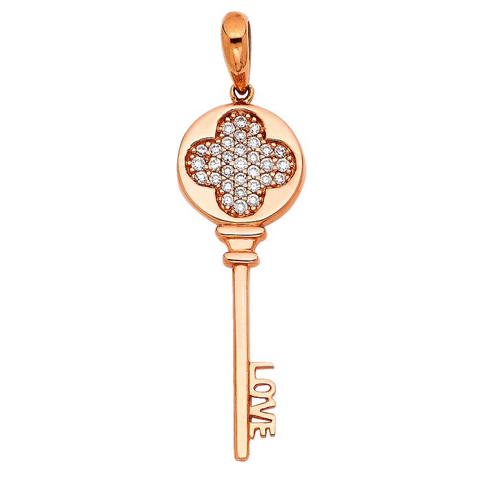 14k Rose Gold Novelty Key Charm with Love and CZ Accented key Head Charm Pendant  (32mm x 11mm)