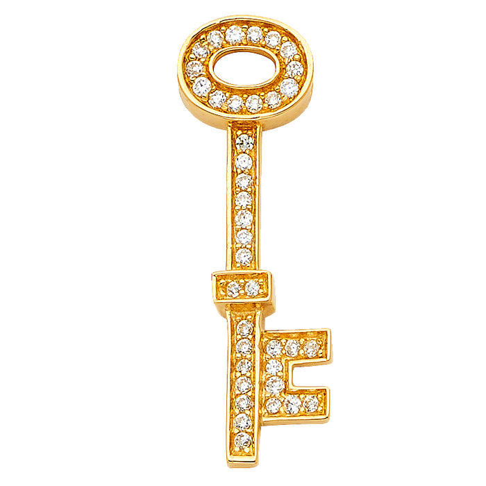 14k Yellow Gold with White CZ Accented Key Charm Pendant  (28mm x 8mm)