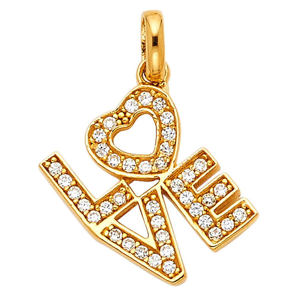 14k Yellow Gold with White CZ Accented Small/Mini Love Charm Pendant  (14mm x 15mm)