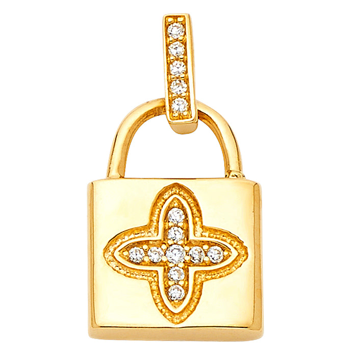 14k Yellow Gold with White CZ Accented Lock Charm Pendant  (15mm x 11mm)