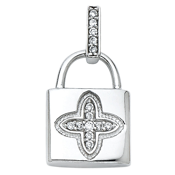 14k White Gold with White CZ Accented Lock Charm Pendant  (15mm x 11mm)