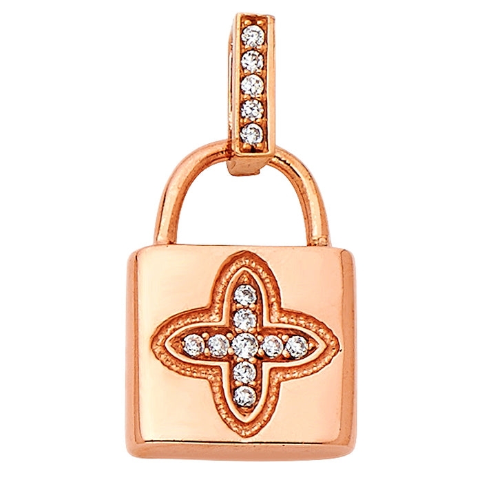 14k Rose Gold Novelty Lock Charm Pendant with White CZ Accents  (15mm x 11mm)