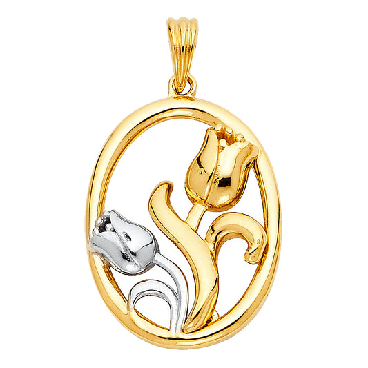 14K Two-tone Gold Rose Charm Pendant  (22mm x 17mm)