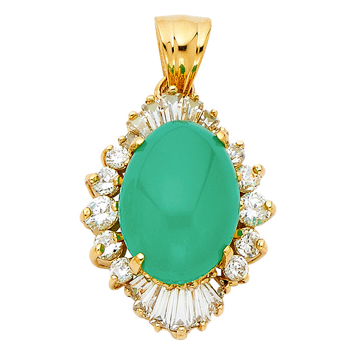 14k Yellow Gold with White CZ Accented with Glass Green Jade Color Charm Pendant  (20mm x 15mm)