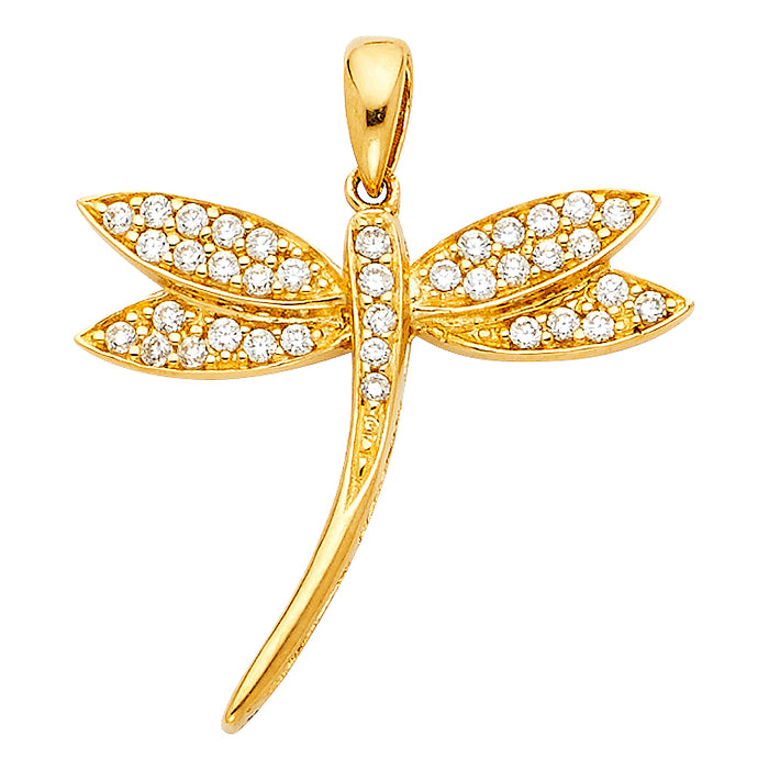 14k Yellow Gold with White CZ Accented Dragonfly Charm Pendant  (20mm x 22mm)