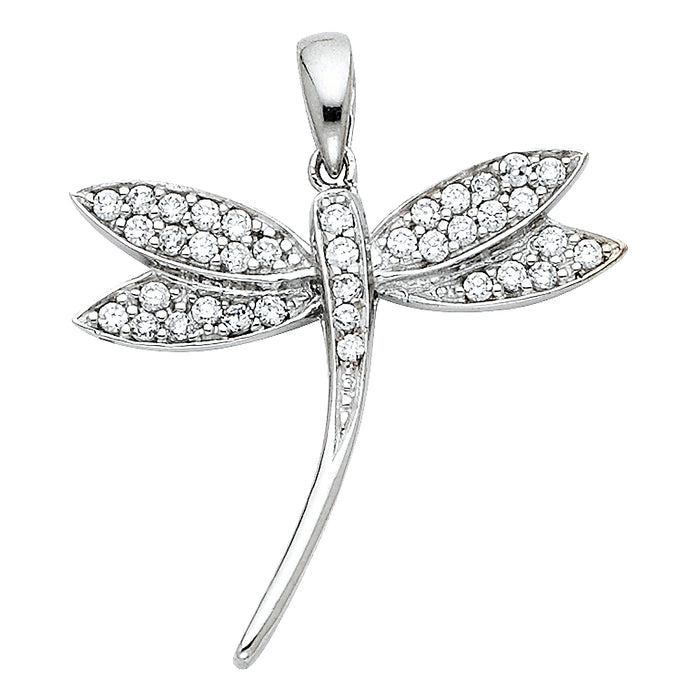 14k White Gold with White CZ Accented Dragonfly Charm Pendant  (20mm x 22mm)