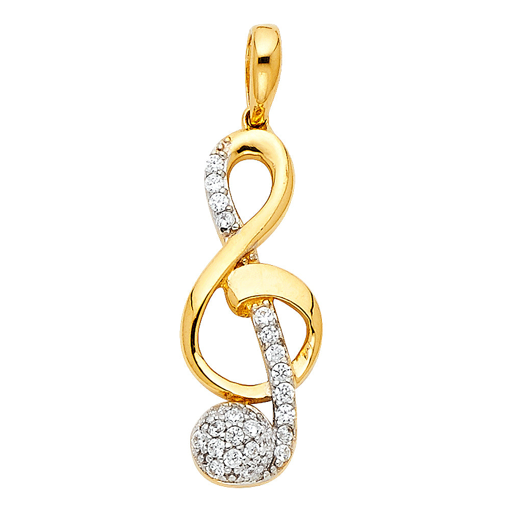 14k Yellow Gold with White CZ Accented The Treble Clef Charm Pendant  (21mm x 9mm)