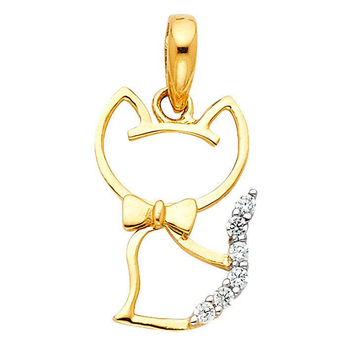 14k Yellow Gold with White CZ Accented Small/Mini Cat Charm Pendant  (15mm x 10mm)