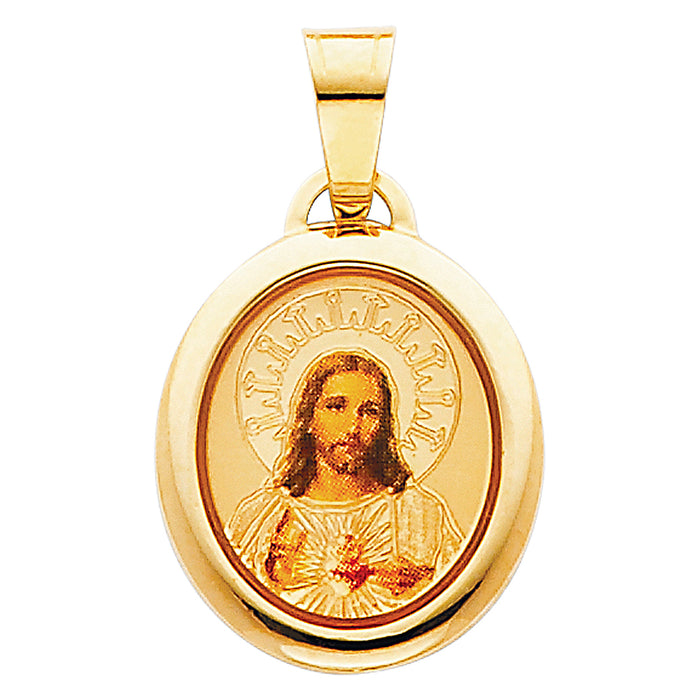 14k Yellow Gold Small/Mini Sacred Heart Of Jesus Picture Pendant (18mm x 15mm)