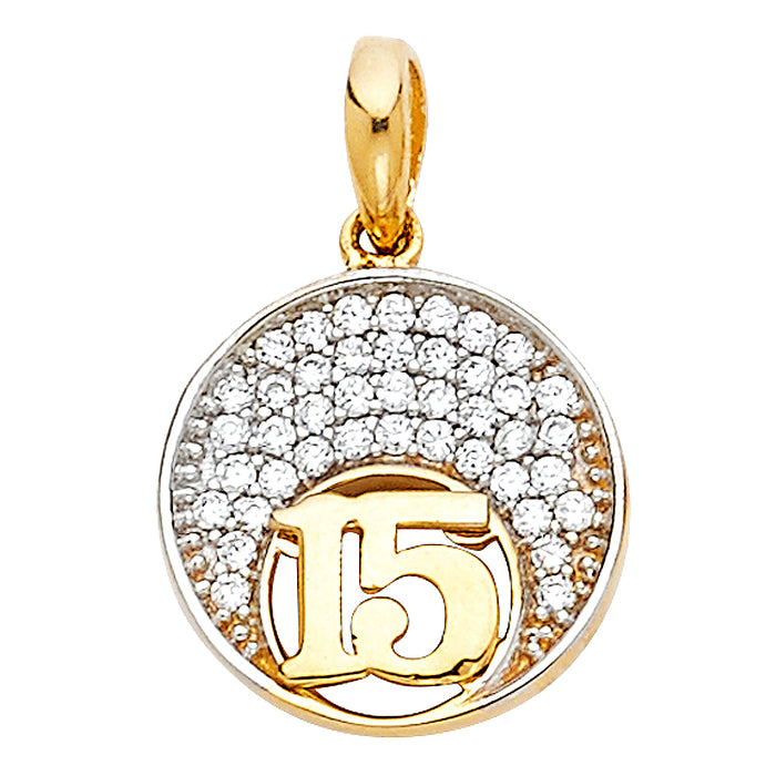 14k Yellow Gold with White CZ Accented 15 Years Birthday or Anniversary Small/Mini Charm Pendant  (8mm x 8mm)
