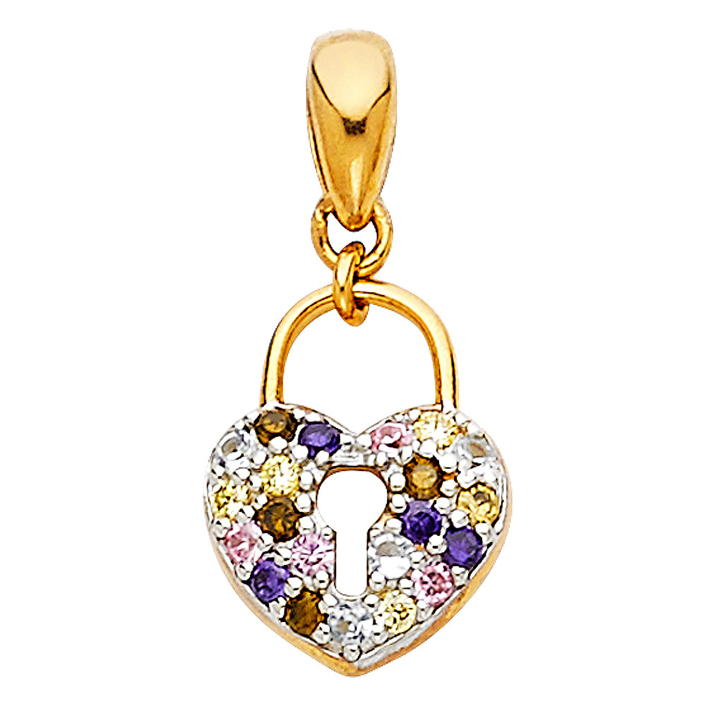 14k Yellow Gold with White CZ Accented Small/Mini Multi Lock Charm Pendant  (12mm x 9mm)