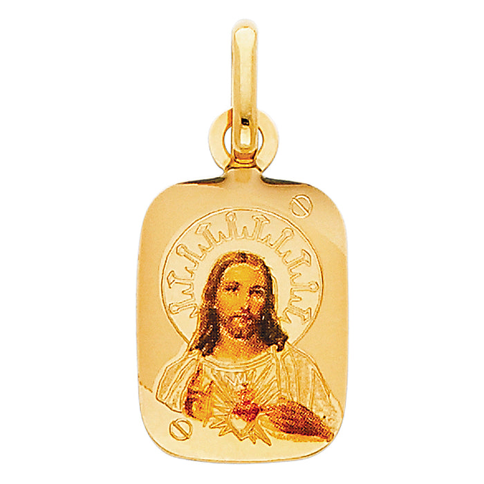 14k Yellow Gold Small/Mini Sacred Heart Of Jesus Picture Pendant (18mm x 13mm)