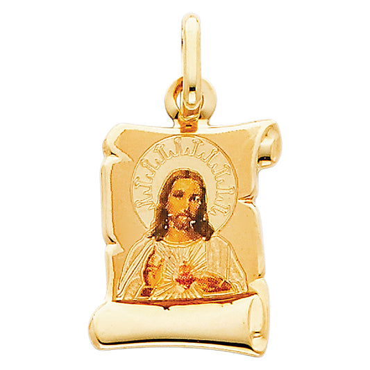 14k Yellow Gold Small/Mini Sacred Heart Of Jesus Picture Pendant (18mm x 13mm)