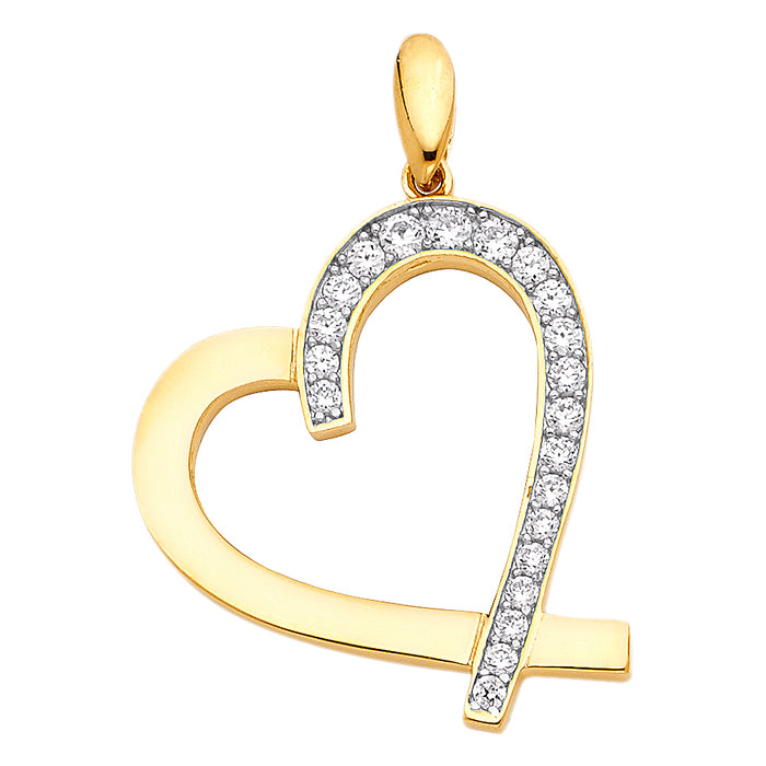 14k Yellow Gold with White CZ Accented Heart Charm Pendant  (24mm x 22mm)