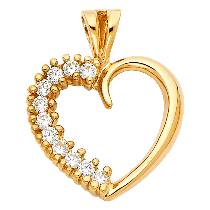 14k Yellow Gold with White CZ Accented Heart Charm Pendant  (15mm x 16mm)