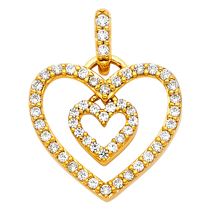 14k Yellow Gold with White CZ Accented Heart Charm Pendant  (14mm x 15mm)