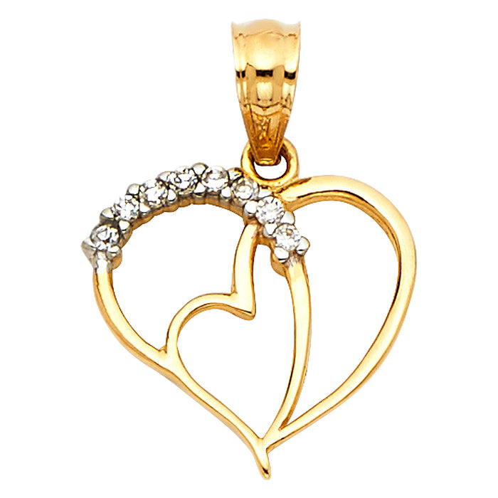 14k Yellow Gold with White CZ Accented Small/Mini Heart Charm Pendant  (12mm x 13mm)