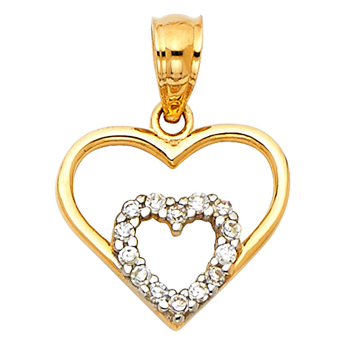 14k Yellow Gold with White CZ Accented Small/Mini Heart Charm Pendant  (11mm x 13mm)