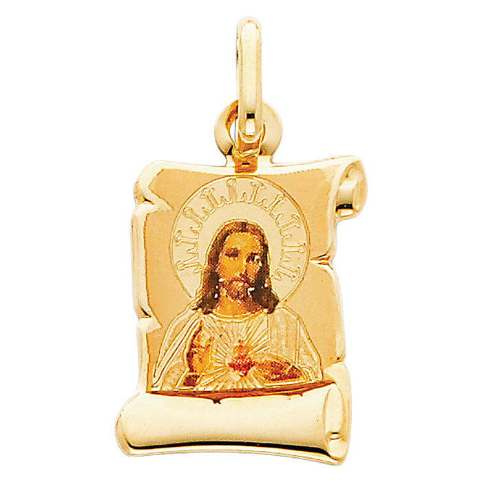 14k Yellow Gold Small/Mini Sacred Heart Of Jesus Picture Pendant (18mm x 13mm)