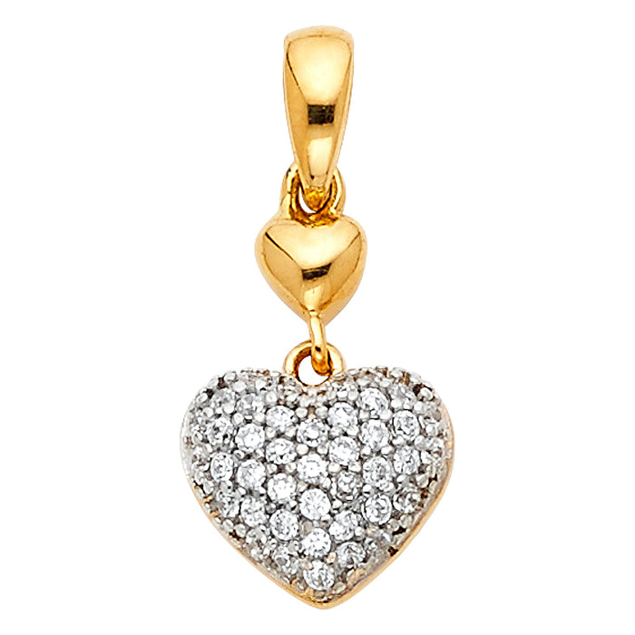 14k Yellow Gold with White CZ Accented Small/Mini Heart Charm Pendant  (13mm x 9mm)