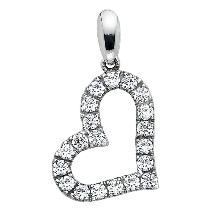 14k White Gold with White CZ Accented Heart Charm Pendant  (16mm x 12mm)