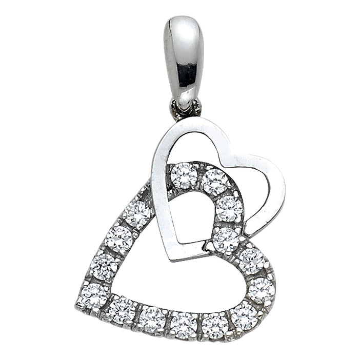 14k White Gold with White CZ Accented Double Heart Charm Pendant  (15mm x 14mm)