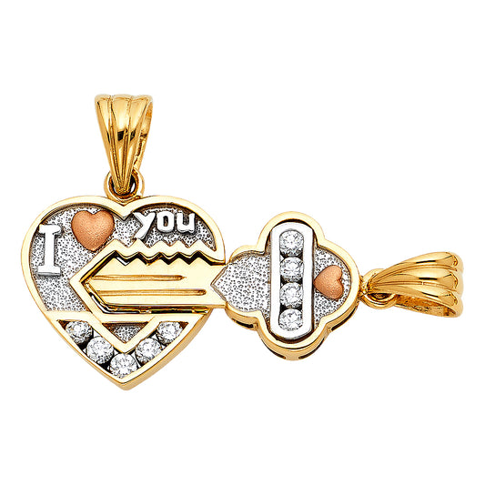 14K Tri-Color Gold Large CZ Heart & Key Charm Pendant Set (18mm x 41mm)